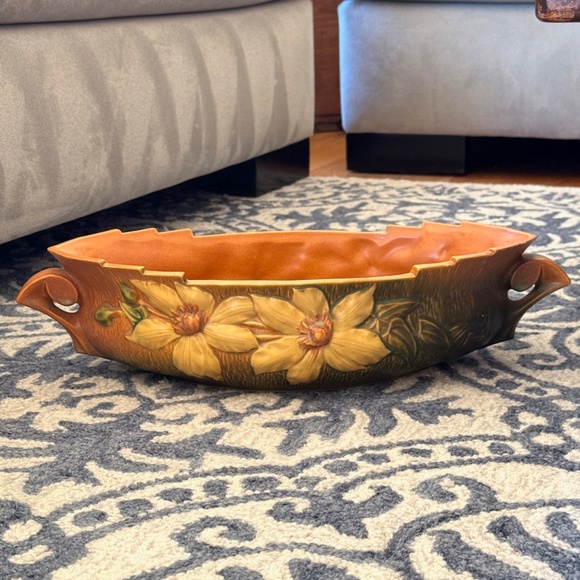 Vintage Roseville Pottery Clematis Flowers Console Bowl with Handles